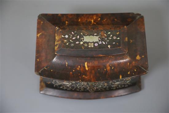 A Regency mother of pearl inlaid tortoiseshell tea caddy, width 8in. depth 5.5in. height 5.5in.